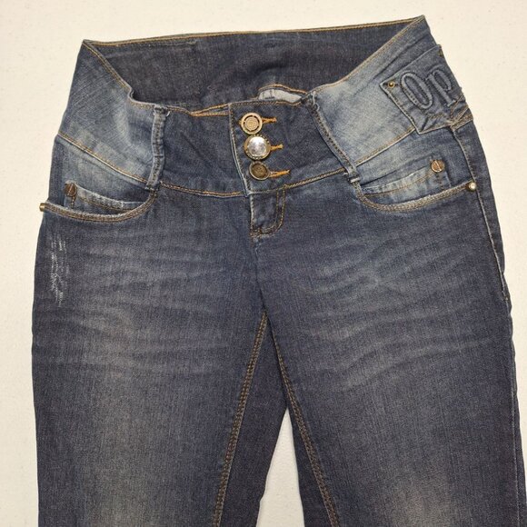 Oppnus Jeanswear Womens 38 Buttoned Jeweled Fly Hip Hugger Blue Denim Y2K Low - Picture 2 of 7